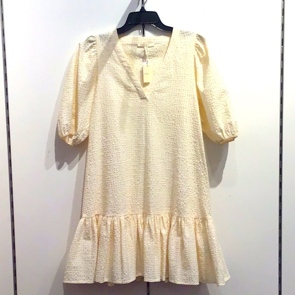 Maje Cream Textured Puff-Sleeve Mini Dress with Ruffle Hem